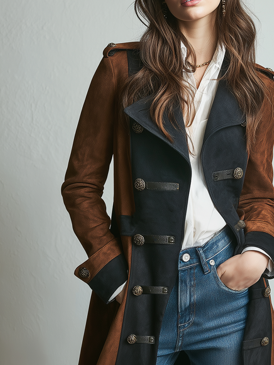 Retro Contrast Color Military Style Eco-friendly Suede Coat - Fashionpara