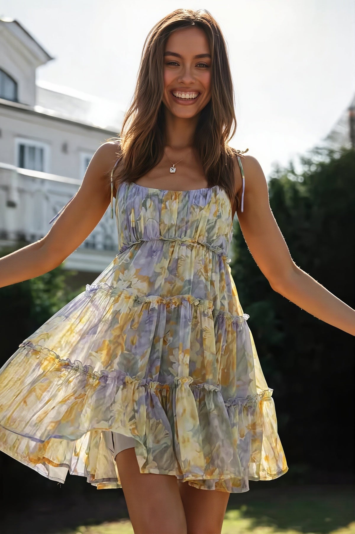 Floral Chiffon Square Neck Tiered Babydoll Mini Dress