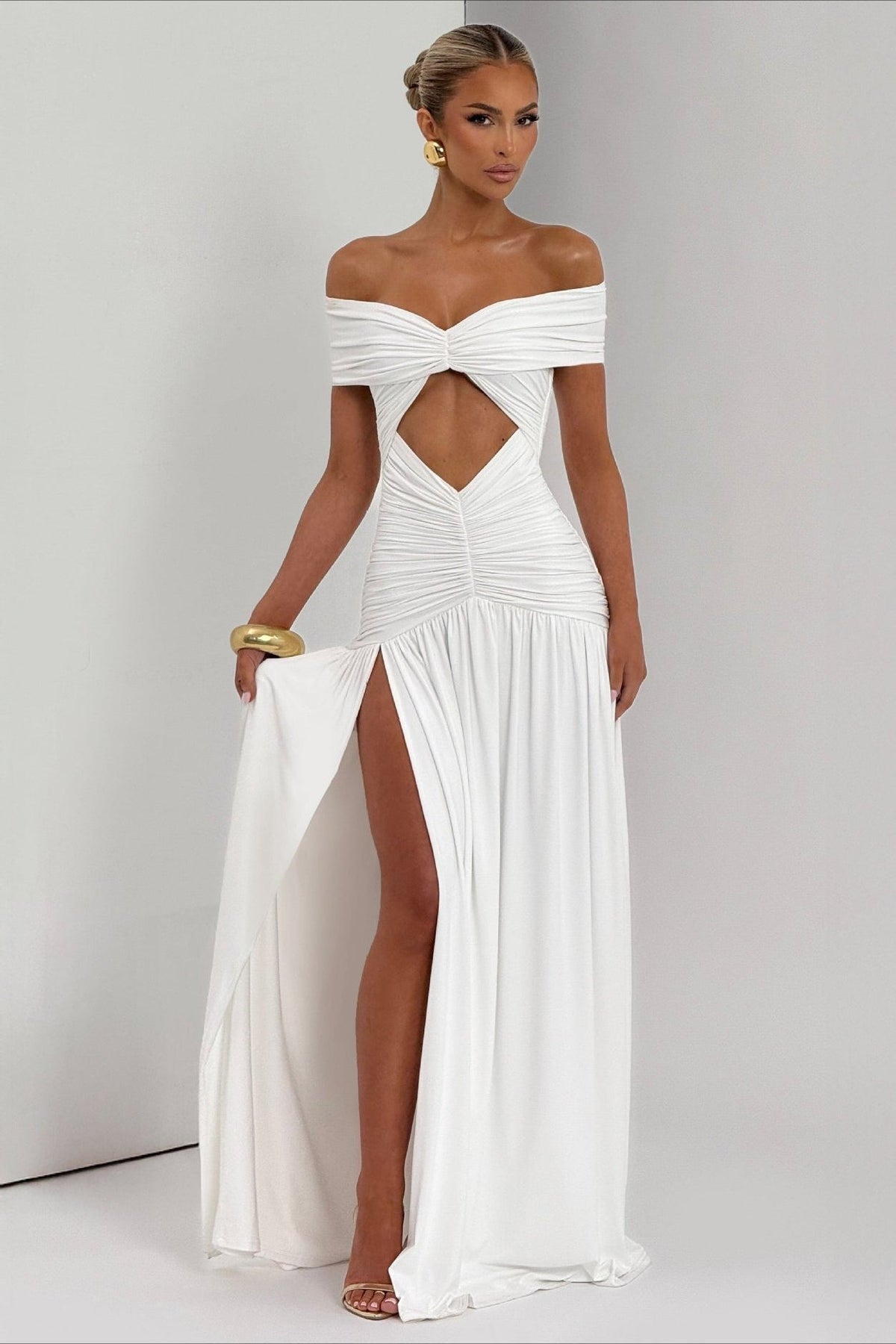 Off Shoulder Ruched Cut Out High Split A-Line Maxi Gown - View 5