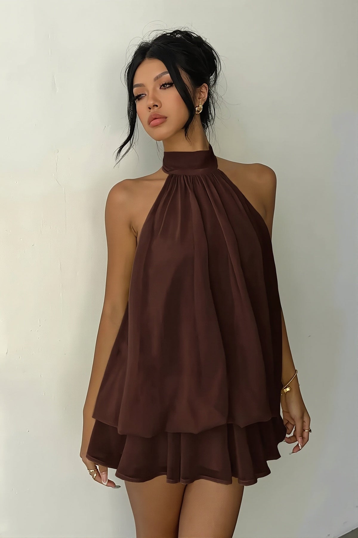 Chiffon Halter Neck Tiered Babydoll Mini Dress