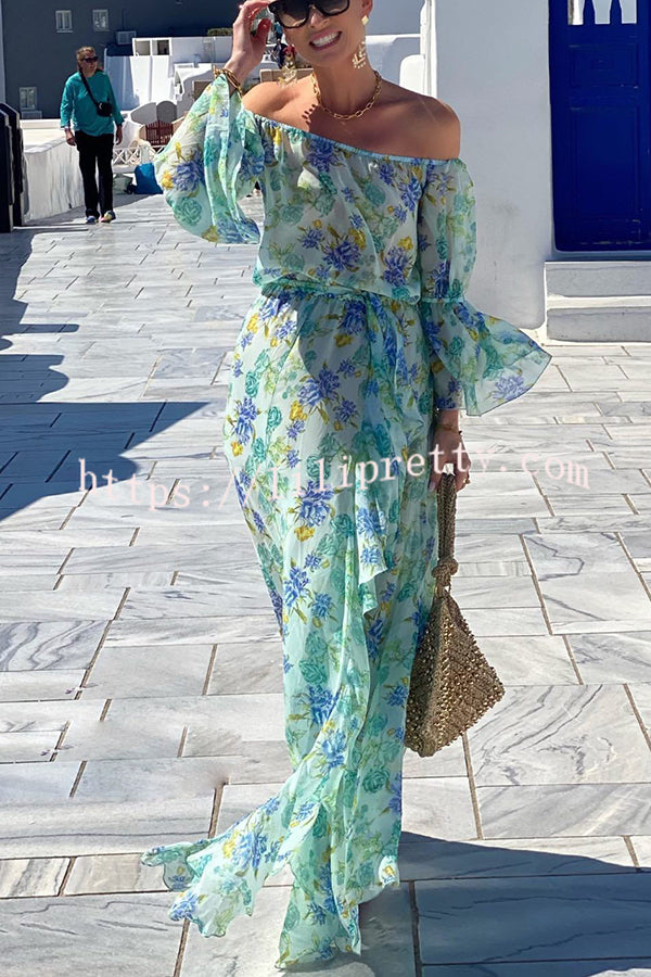Joyful Journeys Off Shoulder Floral Print Elastic Waist Ruffle Maxi Dress - Fashionpara