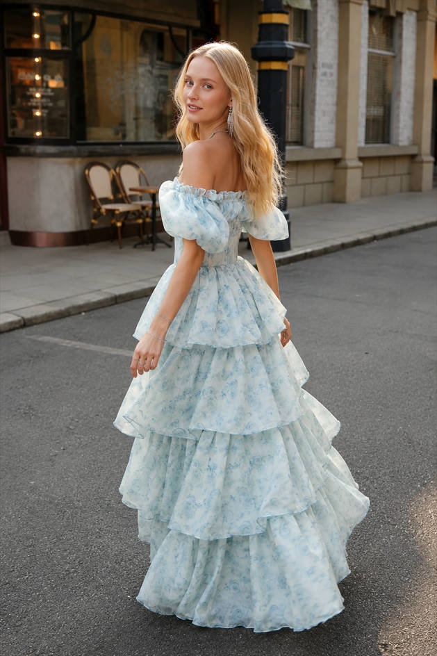 Floral Print Off-Shoulder Puff Sleeve Tiered Maxi Dress
