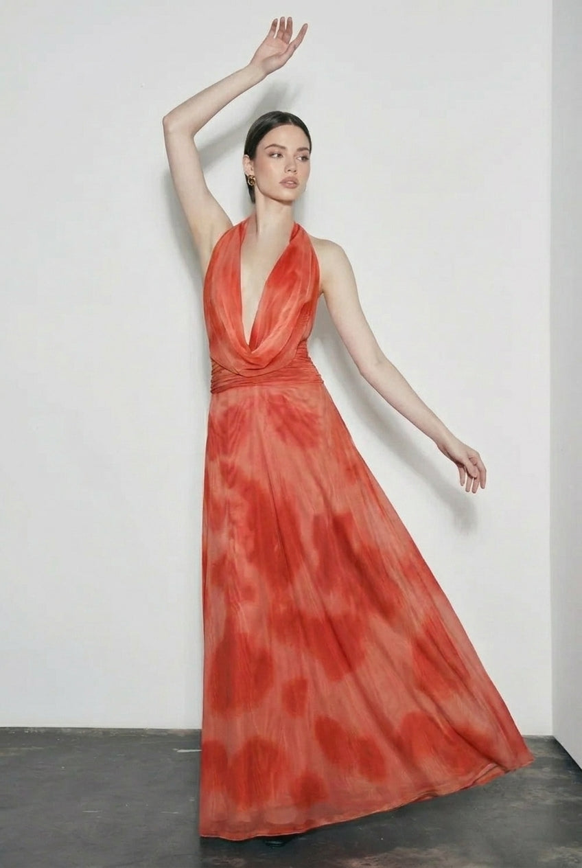 Ombre Print Halter Deep V-Neck Cowl Maxi Gown 4