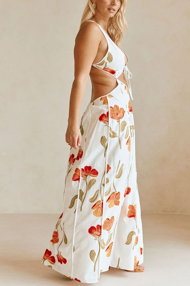 Eliska Linen Blend Poppy Print Cutout Contrast Trim A-line Maxi Dress - Fashionpara