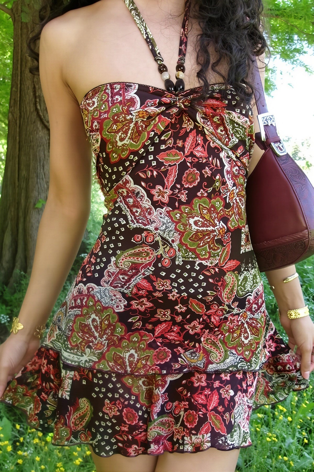 Paisley Print Strapless Tiered Mini Dress