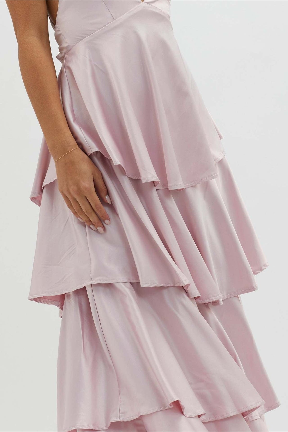 Satin Plunge V-Neck Tiered Ruffle Maxi Formal Dress