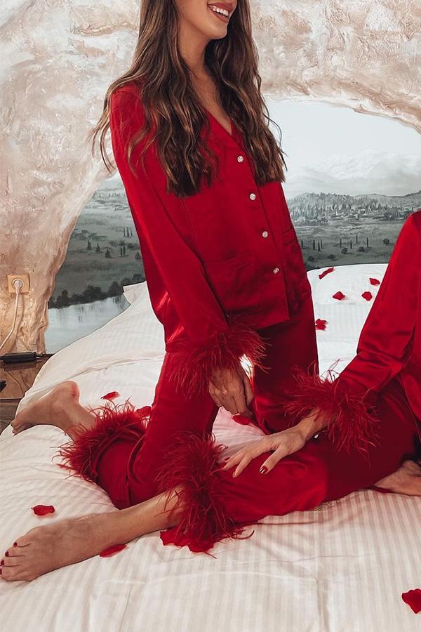 Solid Color Lapel Feather Trousers Two-piece Suit - Fashionpara