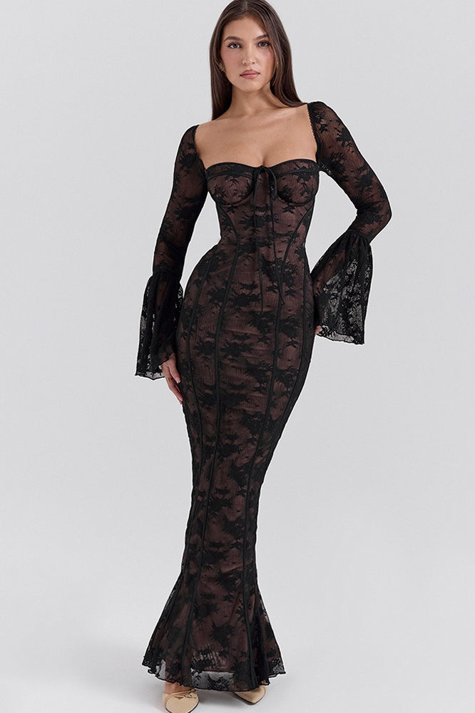Lace Sweetheart Bell Sleeve Corset Fishtail Maxi Dress
