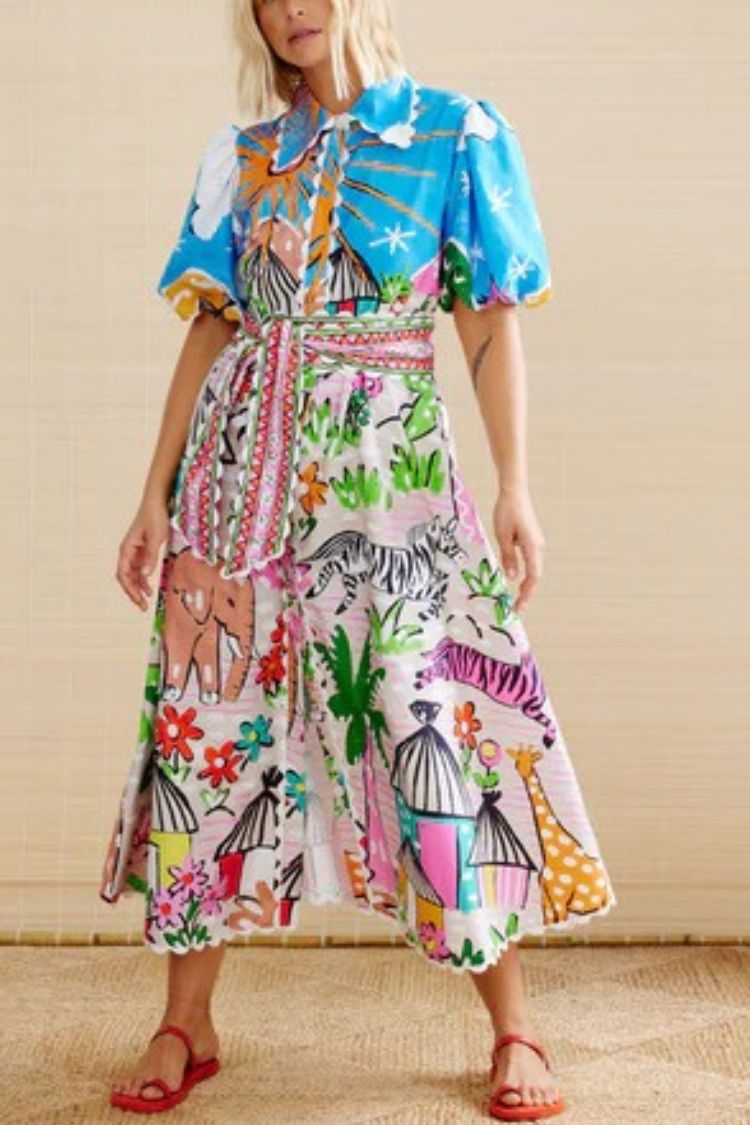 Daliah Unique Printed Wave Lace Puff Sleeves Loose Pocket Maxi Dress - Fashionpara