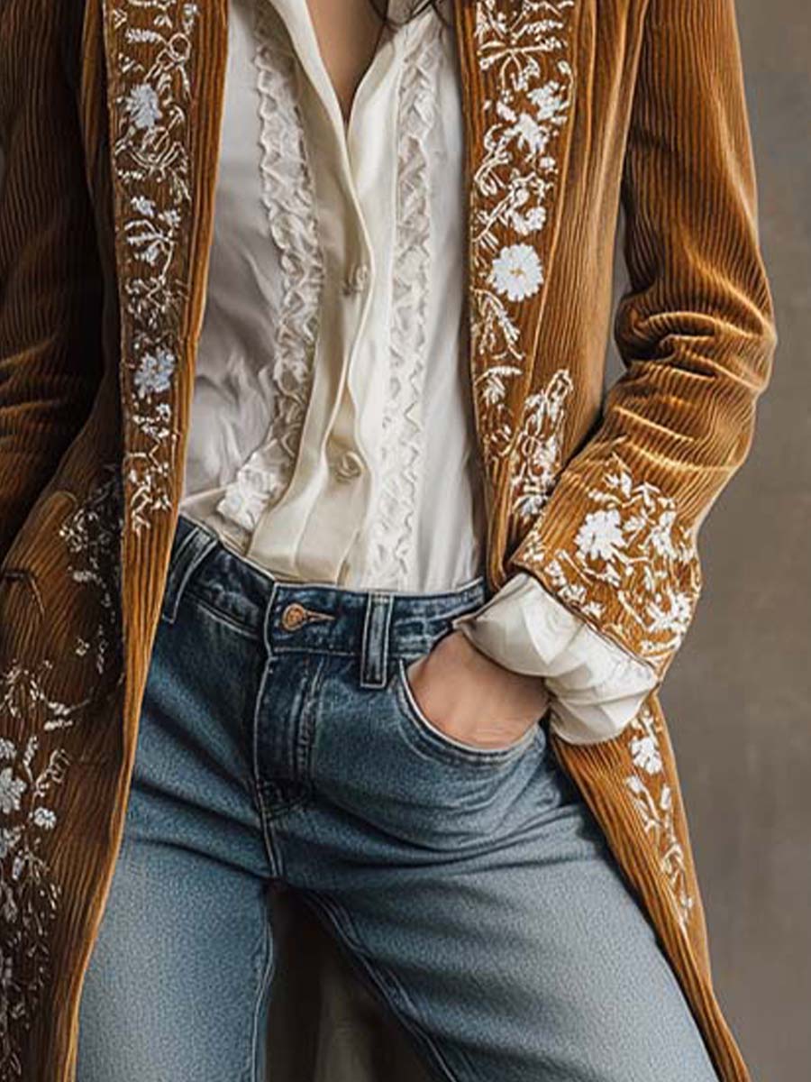 Golden Caramel Embroidered Corduroy Long Coat - Fashionpara