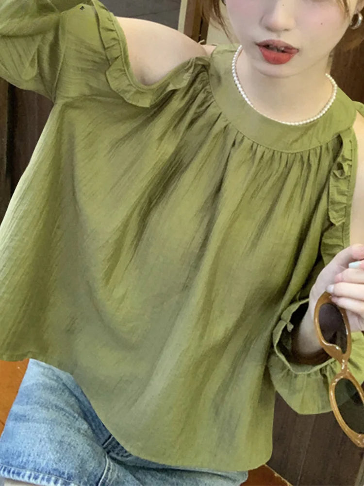 Off-Shoulder Ruffled Solid Blouse