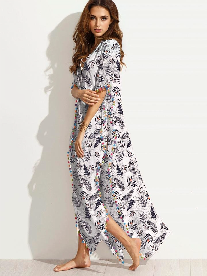 Leaf-Print Lace-Up Pom-Pom Trim Side-Slit Maxi Dress 2