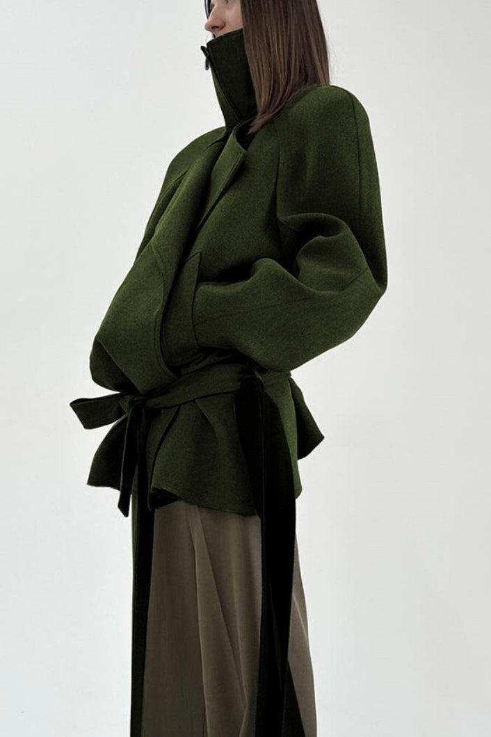 Solid Asymmetrical High Stand Collar Loose Tie Waist Coat