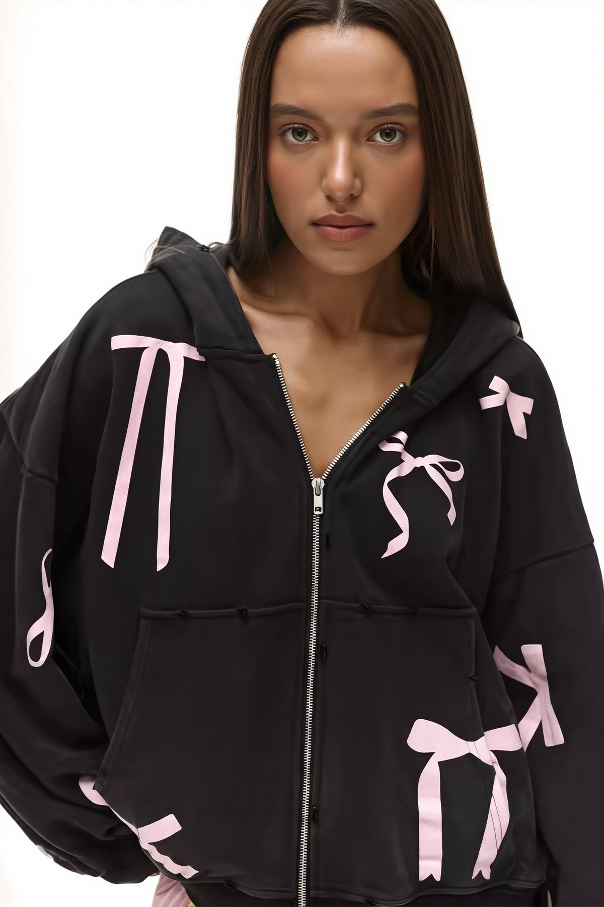 Bow Print Zip Cardigan Hoodie 2