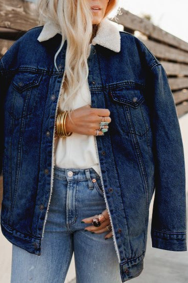 Fleece Lined Denim Bomber Jacket 5