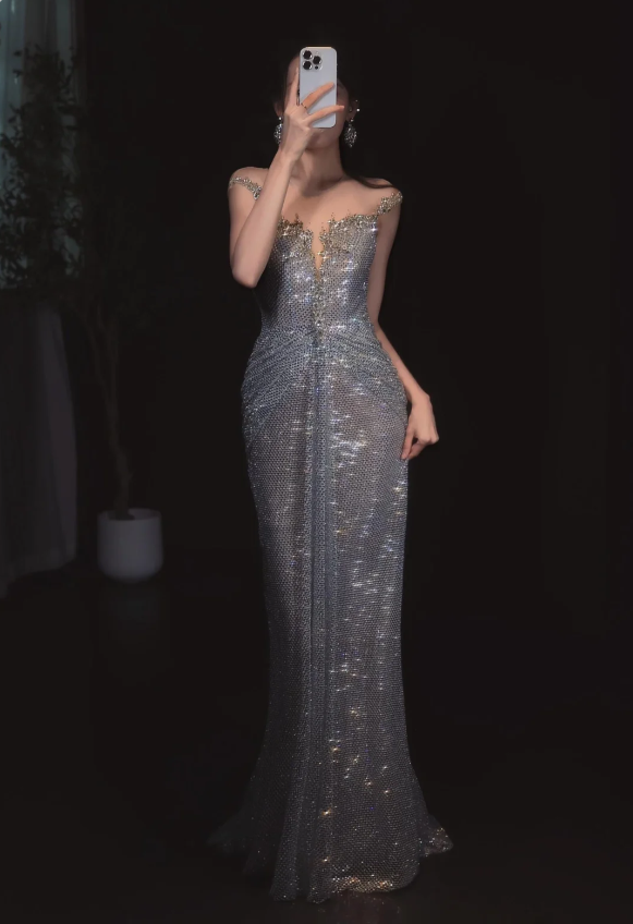 Sparkling Silver-grey Mermaid Sequined Long Prom Dress Evening Dress P4098