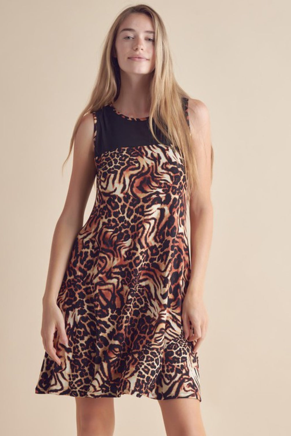 Yelete Full Size Animal Print Round Neck Sleeveless Dress with Pockets - Fashionpara