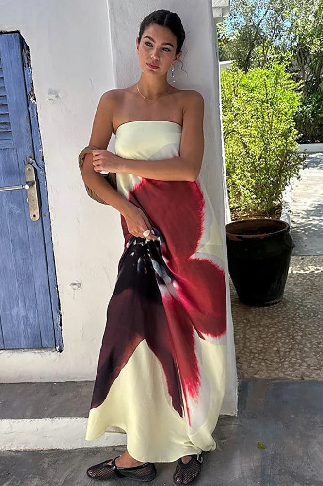 Abstract Print Strapless Satin Slip Maxi Dress
