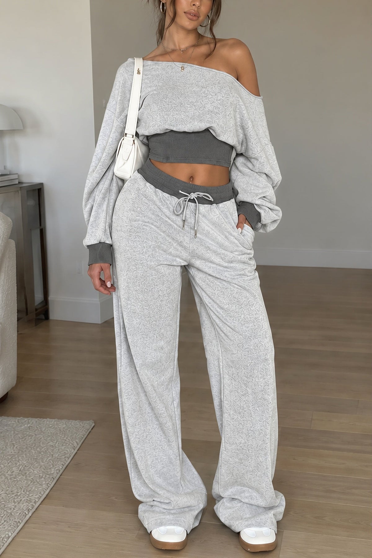 Off Shoulder Cropped Sweatshirt Pants Set