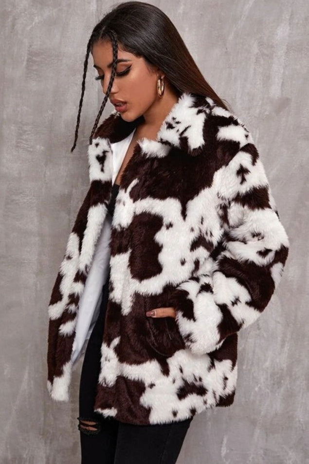 Chic Black and White Faux Fur Cow Print Coat for Style