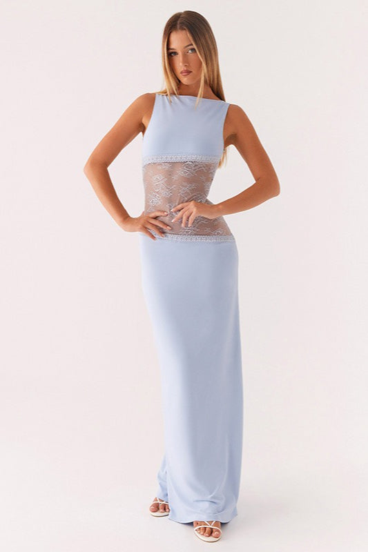 Lace Panel High Neck Backless Mermaid Maxi Dress 7