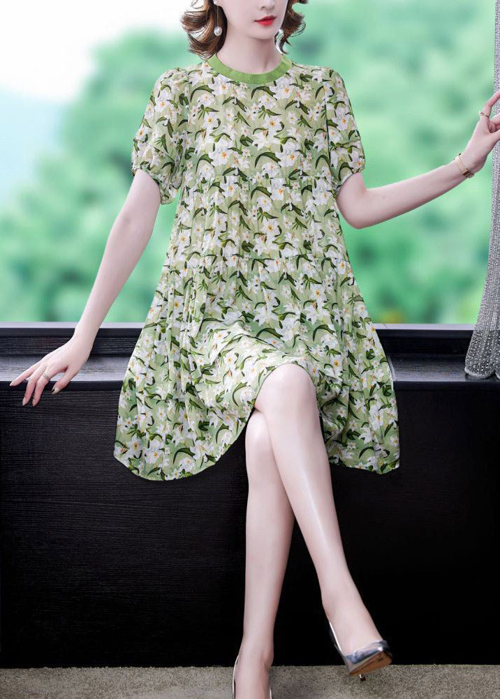 Floral Print Tiered Puff Sleeve Round Neck Mini Dress