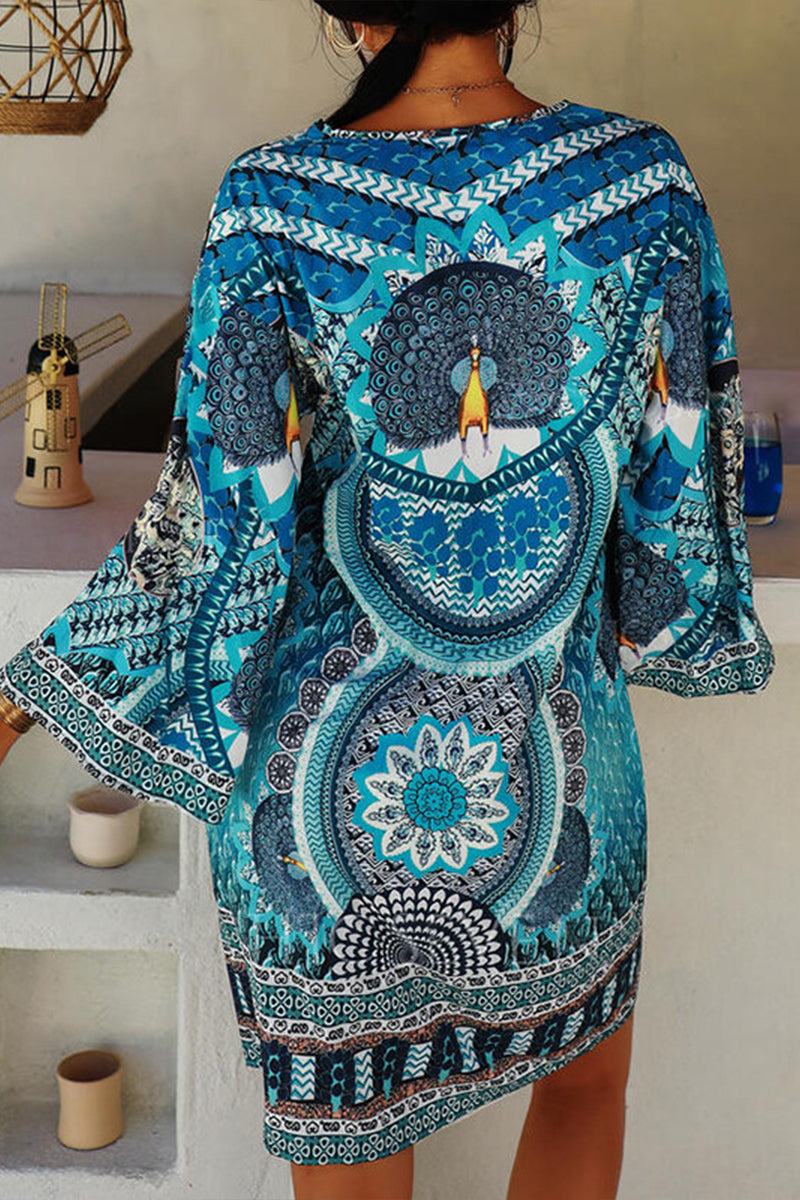 Bohemian Print Long Sleeve V Neck High Waist Mini Dress - Fashionpara