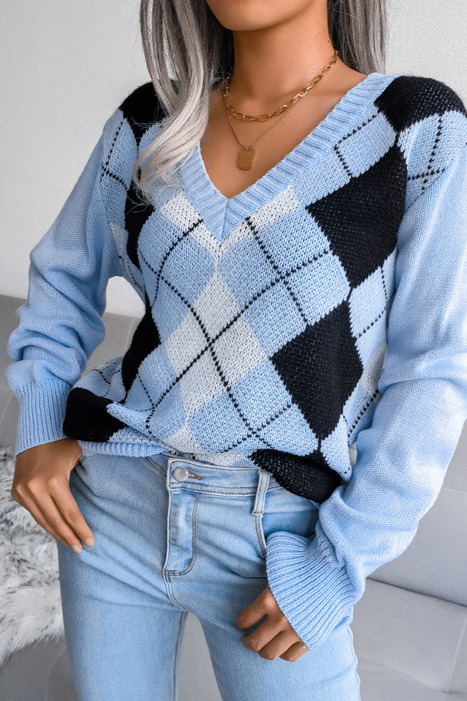 Argyle V-Neck Knit Pullover Sweater 21