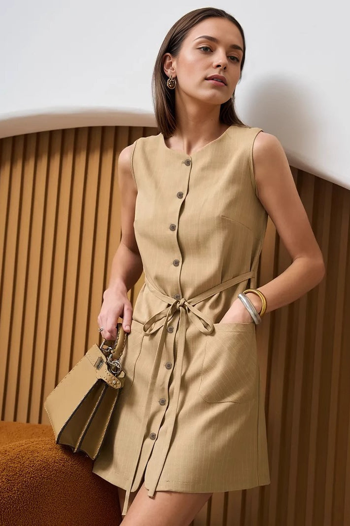 Pinstripe Sleeveless Button-Front Belted Mini Dress