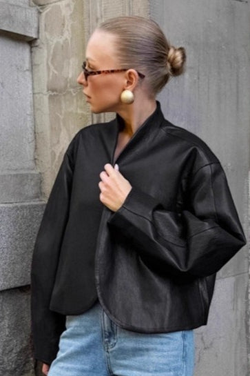 Black Leather Stand Collar Jacket