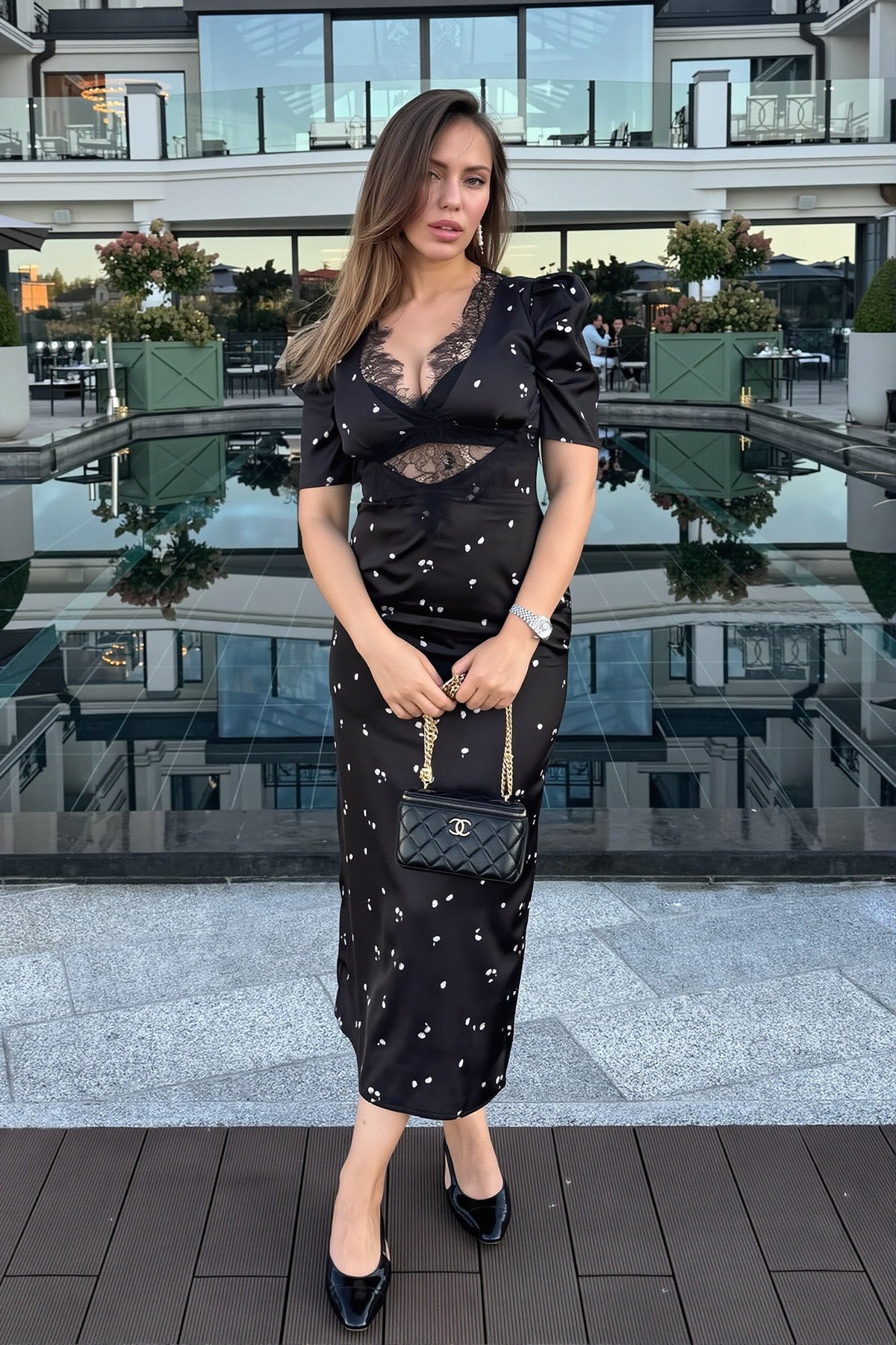Polka Dot Lace Trim Puff Sleeve Midi Dress
