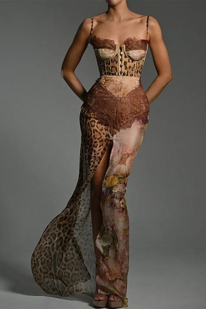 Leopard Print Corset Lace Trim High Split Maxi Dress 6