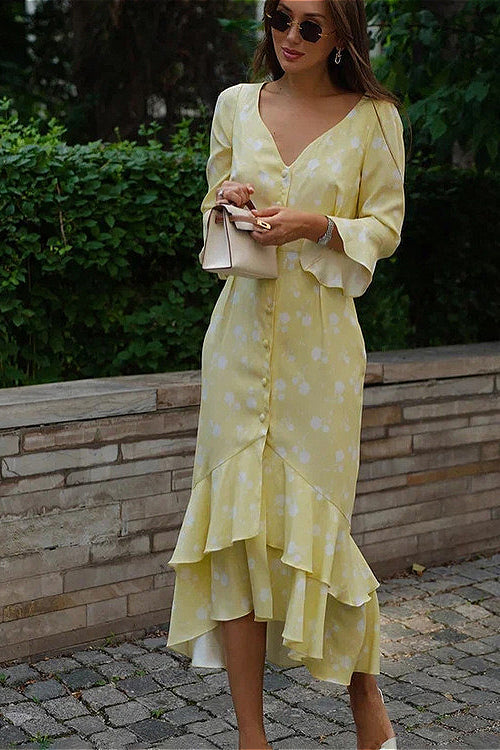 Asymmetric Ruffled Sleeve High Waist Floral Dress