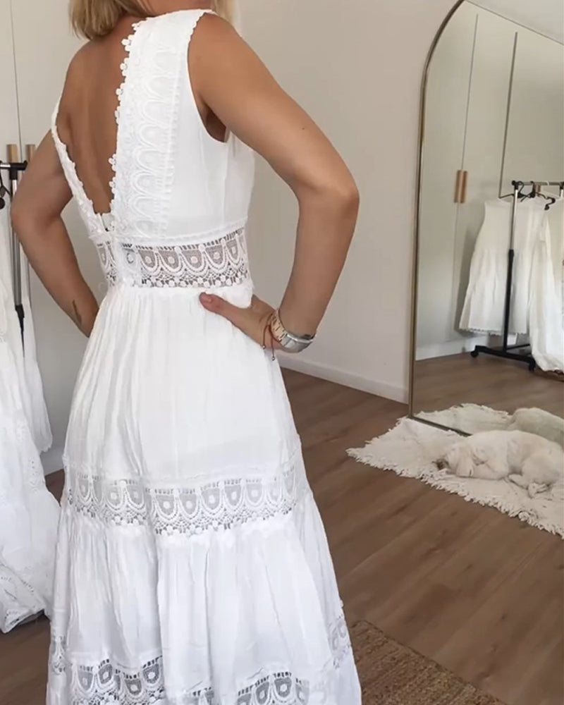 Sleeveless V-Neck Crochet Lace Panel Tiered Scalloped Trim Midi Dress - View 2