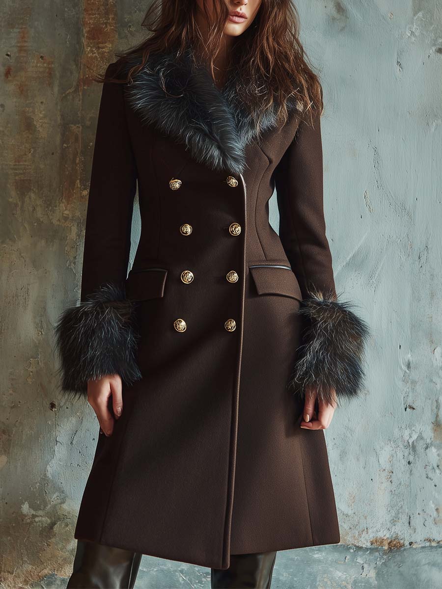 Espresso Brown Wool Blend Long Coat With Faux Fur Collar - Fashionpara