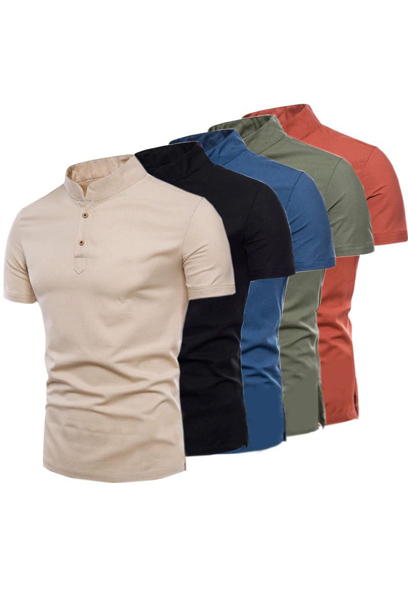 Men's Stand Collar Short Sleeve Cotton Linen Shirt - Fashionpara