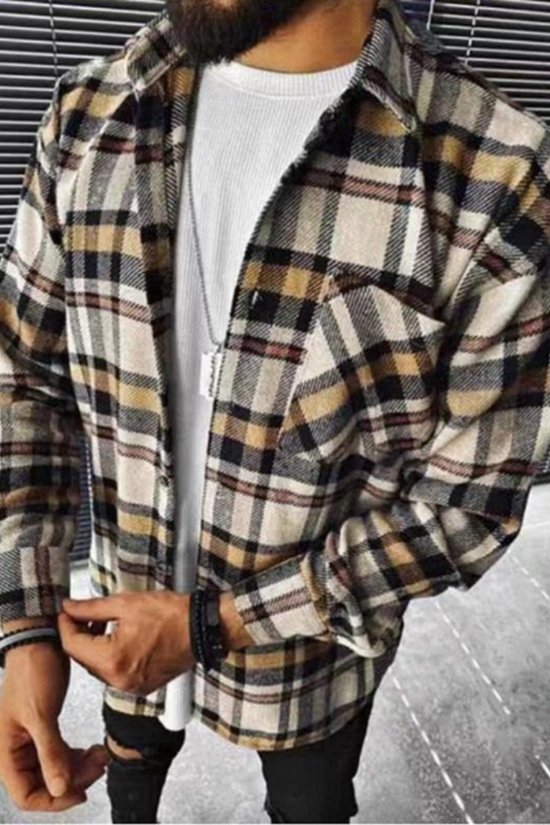 Men's Colour Block Plaid Long Sleeve Lapel Cardigan Check Print Shirt  Fashionpara