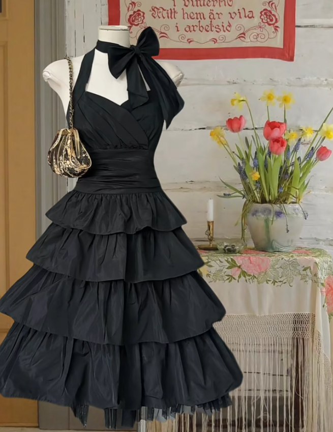 Fashion Black Halter Satin Layered A Line Short Party Dress Formal Homecoming Dress D650