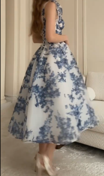 Elegant A Line Sweetheart Neck Blue Chiffon Print Floral Formal Prom Gown Long Party Dress D805