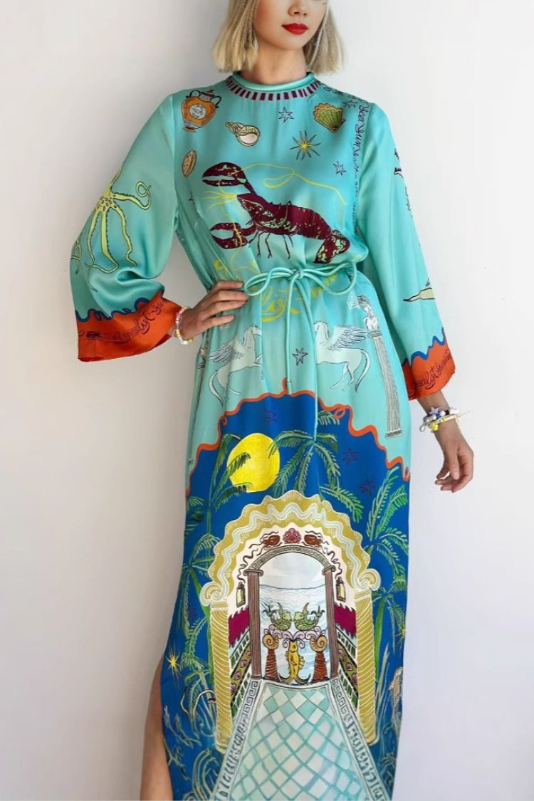 Satin Unique Print Long-sleeve Tie-waist Slit Maxi Dress - Fashionpara