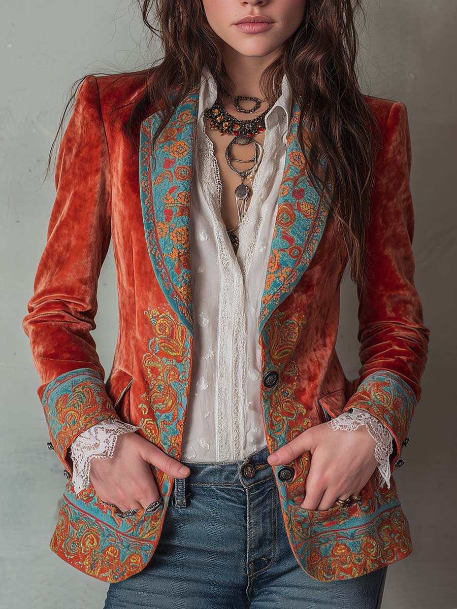 Paisley Print Notch Lapel Single Button Velvet Blazer