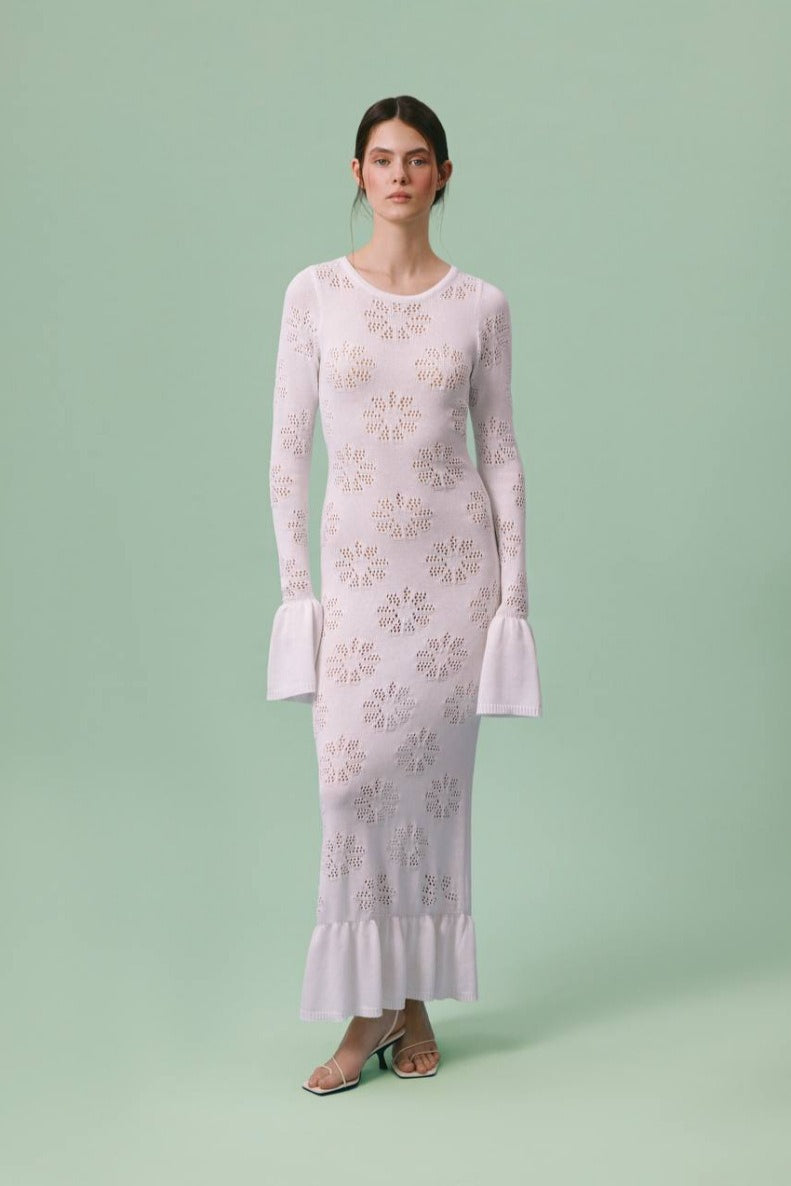 Pointelle Knit Long Sleeve Ruffle Hem Maxi Dress