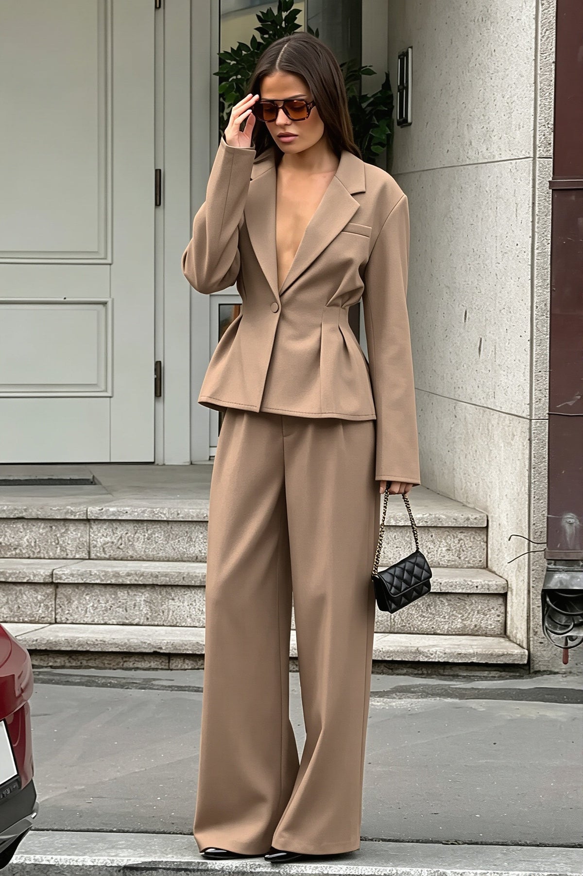 Fitted Waist Blazer and Wide Leg Pants Set