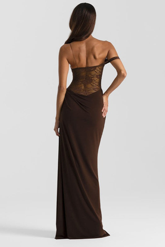 Off Shoulder Lace Corset High Split Maxi Gown - View 4