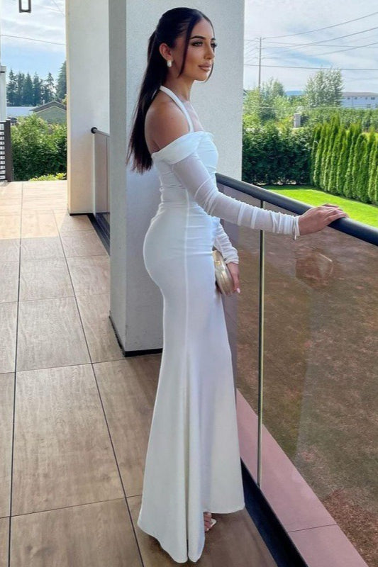 Halter Neck Off-Shoulder Ruched Long Sleeve Maxi Dress