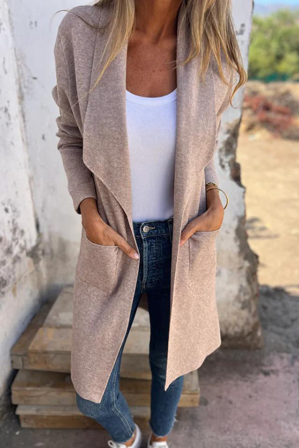 Chic Mid-Length Knit Cardigan Coat with Stylish Lapel Pockets