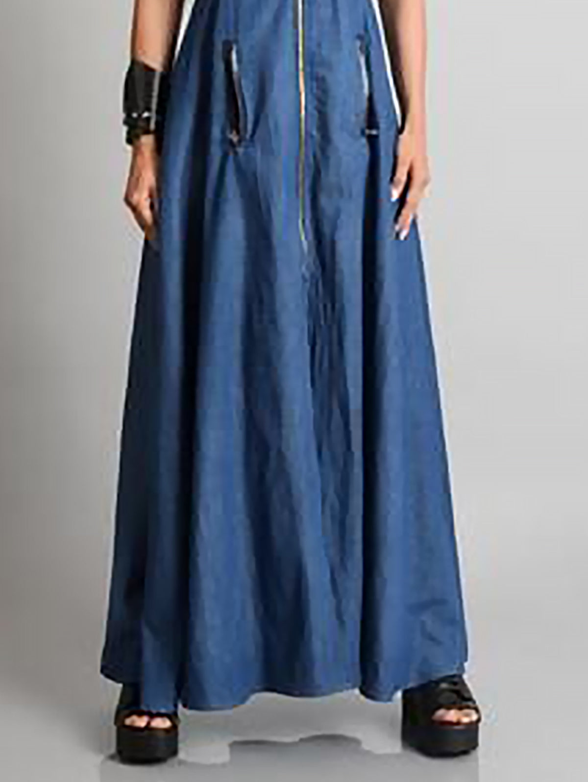 Denim Sleeveless Zip Front Flap Pocket Contrast Trim A-Line Maxi Dress - View 2
