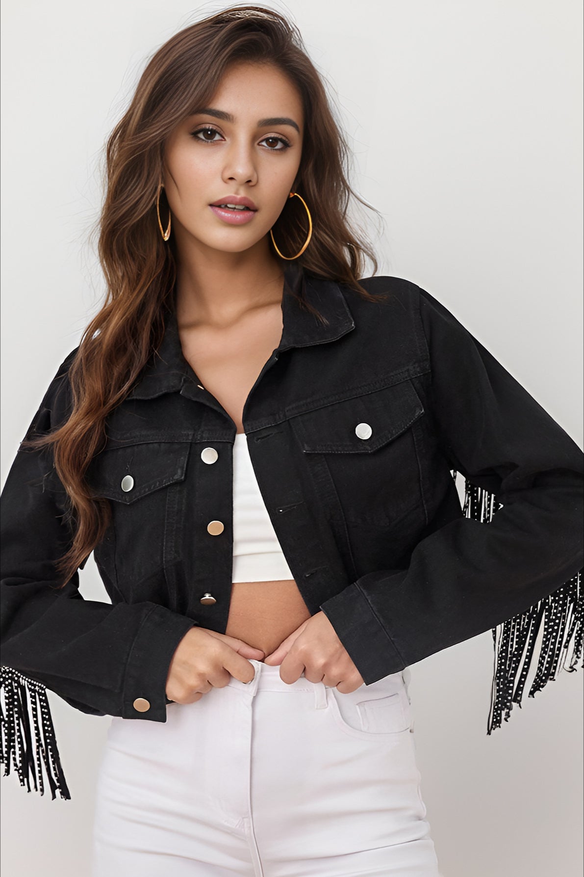 Beaded Fringe Denim Coat with Raw Hem for Stylish Layering - Fashionpara