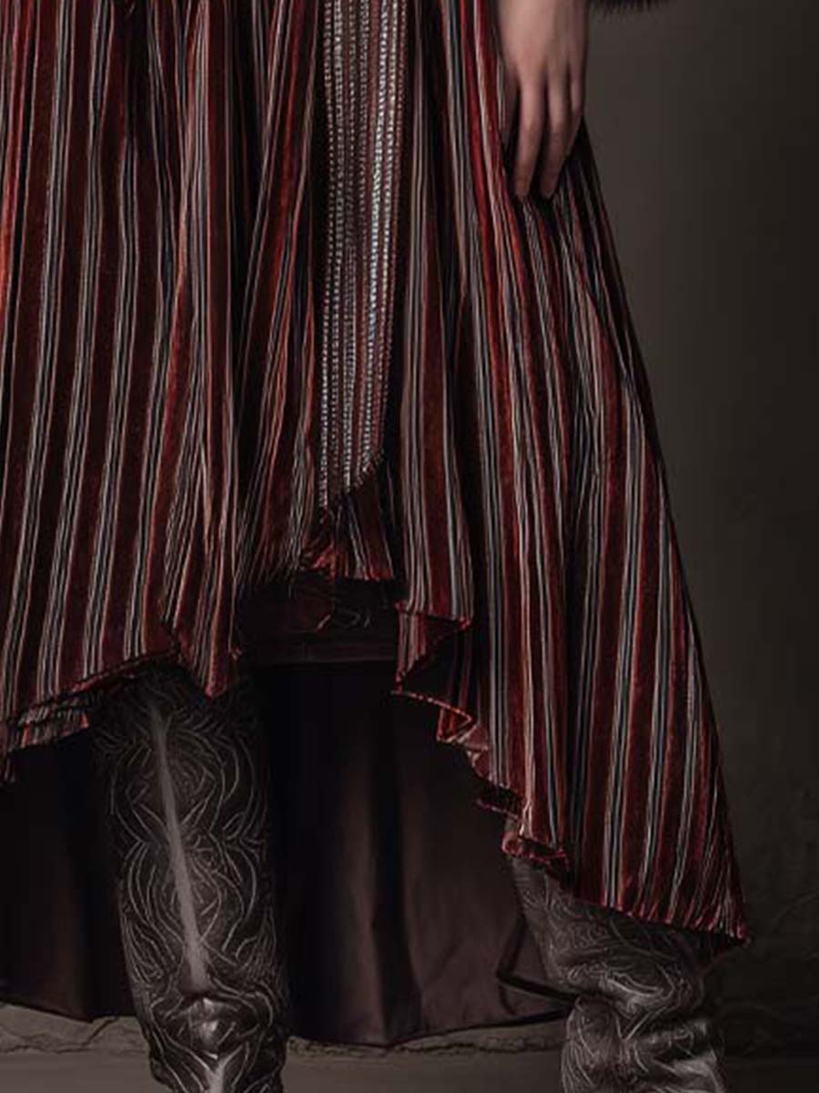 Vintage Striped Velvet Coat With Faux Fur Trim - Fashionpara