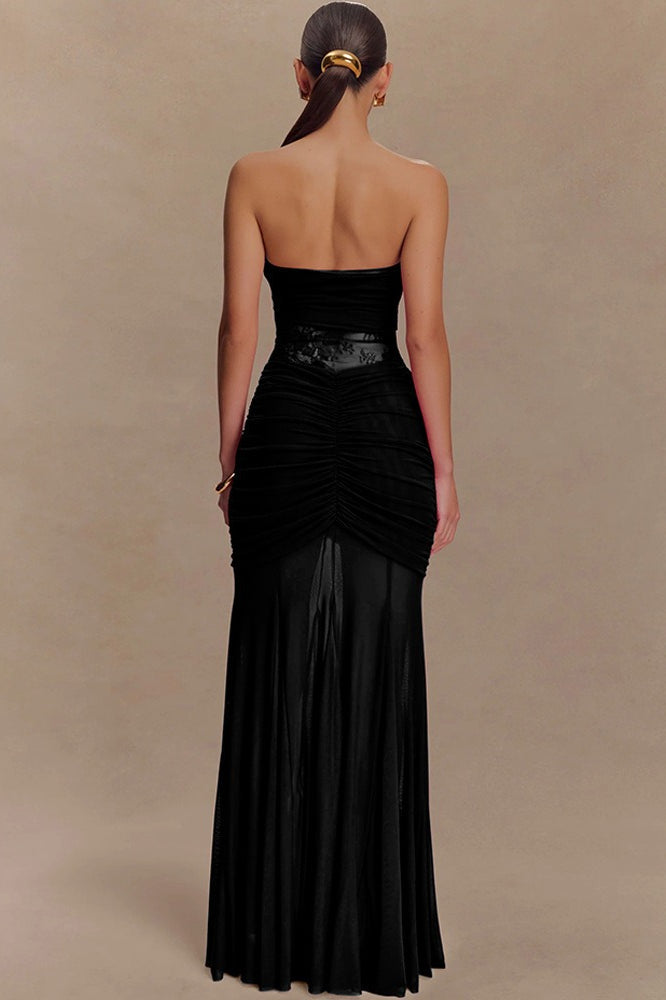 Strapless Lace Panel Ruched Mermaid Gown